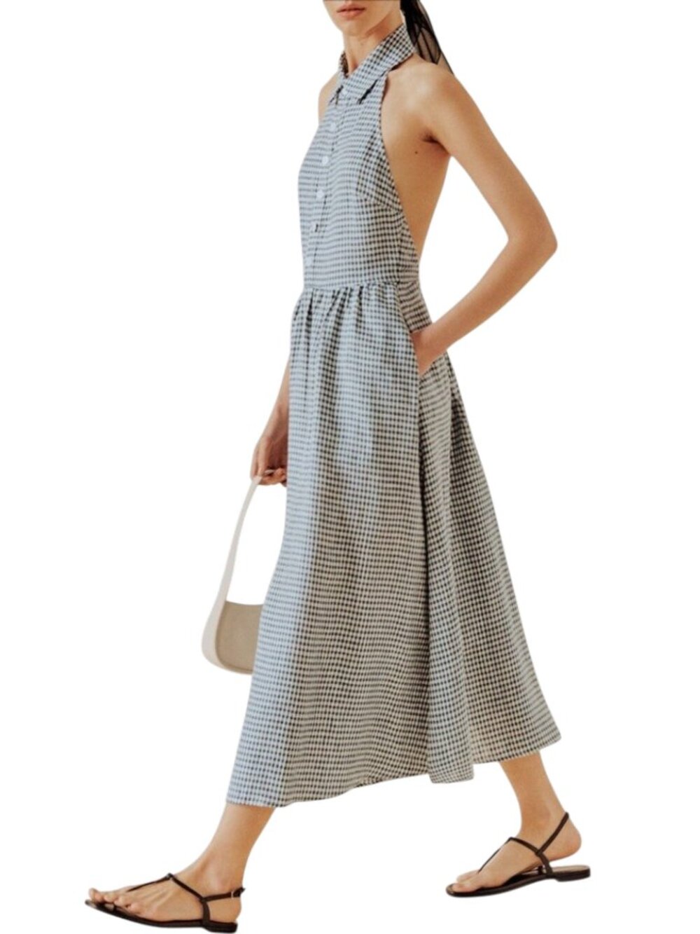 NWOT Reformation Tace Gingham Check Linen Halter Midi Dress 8 Slate White